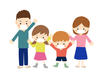 マスクをつけて笑顔で手を振る4人家族（全身）02