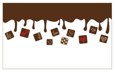 Valentine and Love concept. Melted Chocolate & Chocolate icons layout illustration for card, invitation, web, banner designs. Vector illustration. バレンタインイラスト、バレンタインカードデザイン、溶けたチョコレートイラスト、ハートイラスト