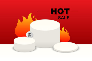 Hot sale concept decorate with fire and displays podium for products presentation, Background for promotion sale