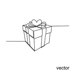 Vector design of Continuous line drawing of gift box with ribbon bow. Wrapped surprise package for christmas or birthday party isolated on white background. Party and celebration concept. 