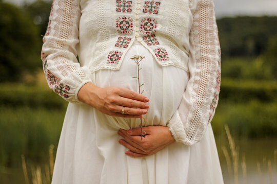baby belly of a pregant woman in a beautiful dress holding a flower