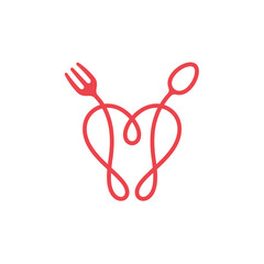 Heart, spoon and fork. Love healthy food logo concept with line style