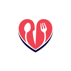 Heart and cutlery. Love healthy food logo concept with flat style