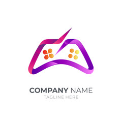 Joystick game logo. Joystick logo design with ribbon 3d style gradient purple color