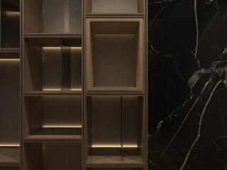 3d rendering of modern contemporary built in furniture with warm color scheme