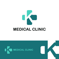 Initial letter K on medical cross icon for healthy, health care, and medicine logo design concept vector