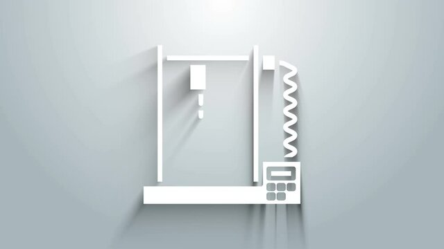 White 3D printer icon isolated on grey background. 4K Video motion graphic animation