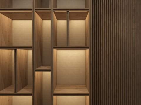 3d rendering of modern contemporary built in furniture with warm color scheme