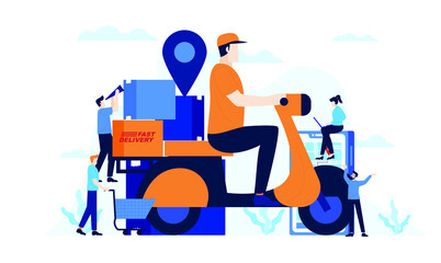 fast delivery service mini people delivery courier flat illustration