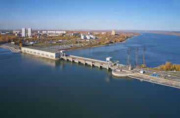 Fototapeta premium Aerial view of Novosibirsk hydroelectric power plant station on the Ob River.