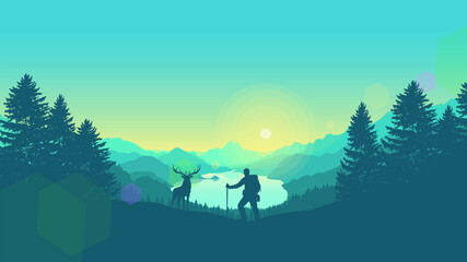 hiker and deer in the mountain