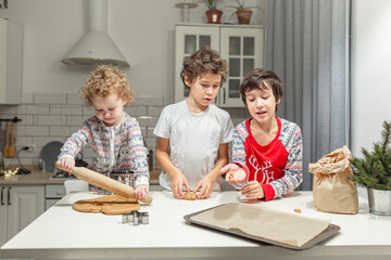 happy family funny kids are preparing the dough, bake cookies in the kitchen