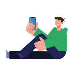 man sitting holding smartphone vector design
