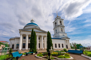 Single-domed St Nicholas' Cathedral with a column fa&ccedil;ade and bell tower in Serpukhov, Russia.  Travel and architecture.