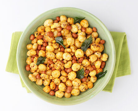Makhana chiwda or Foxnuts, peanuts and chanadal mixture. Makhana or fox nuts are healthy snack having high nutritional value are native to South Asia, Punjab, Bihar
