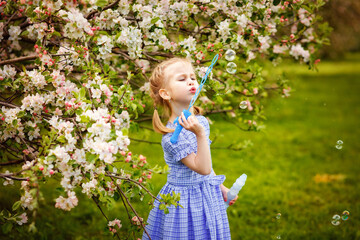A child in a blooming apple orchard enjoys a warm spring day. The girl blows soap bubbles.