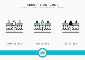 Naklejka premium Absorption icons set vector illustration with solid icon line style. Drop water emulsion concept. Editable stroke icon on isolated background for web design, infographic and UI mobile app.