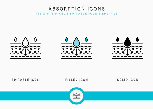 Absorption icons set vector illustration with solid icon line style. Drop water emulsion concept. Editable stroke icon on isolated background for web design, infographic and UI mobile app.