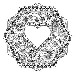 Circular pattern in form of mandala with frame in shape of heart. Decorative ornament in ethnic oriental mehndi style.