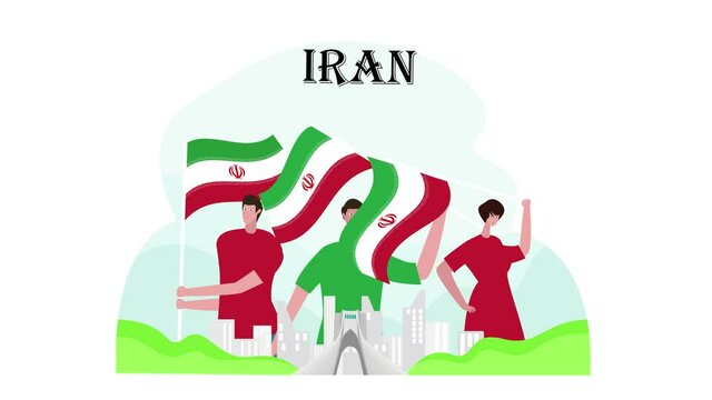 Three people fluttering Iran flag near Azadi tower