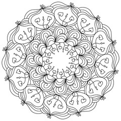 Ornate doodle mandala with hearts and key, anti stress coloring page with curls and loops for valentine's day