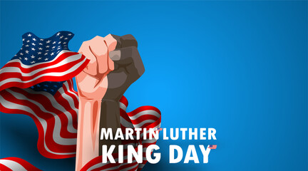 Martin Luther King day black and white hands clenched into flags of america. Civil rights of blacks. Waving flag text martin Luther King day