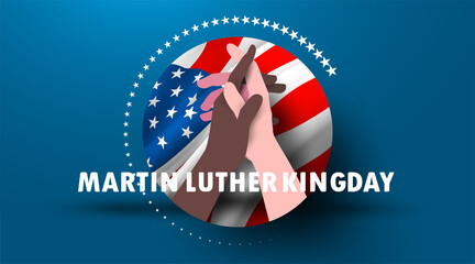 Martin Luther King Day with black skin and white skin folding arms together. Waving flag of america celebrate the civil rights of blacks Martin Luther King Jr Day - obrazy, fototapety, plakaty