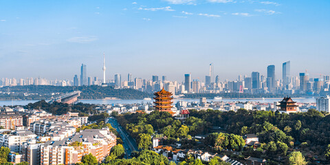 High-angle sunny view of Yellow Crane Tower in Wuhan, Hubei, China