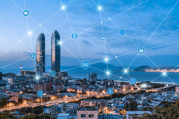 Fototapeta na wymiar Twin towers in Xiamen, Fujian, China and big data concept of urban interconnection