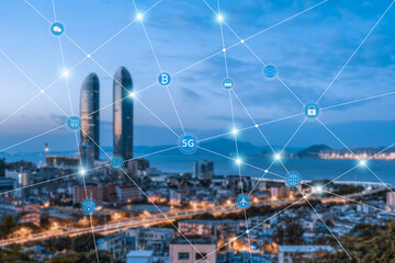 Twin towers in Xiamen, Fujian, China and big data concept of urban interconnection