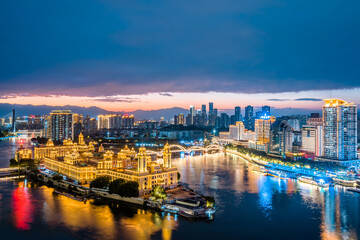 Fototapeta premium Night view of Zhongzhou Island skyline in Fuzhou, Fujian, China