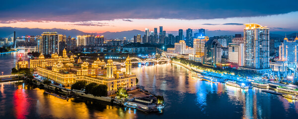 Naklejka premium Night view of Zhongzhou Island skyline in Fuzhou, Fujian, China