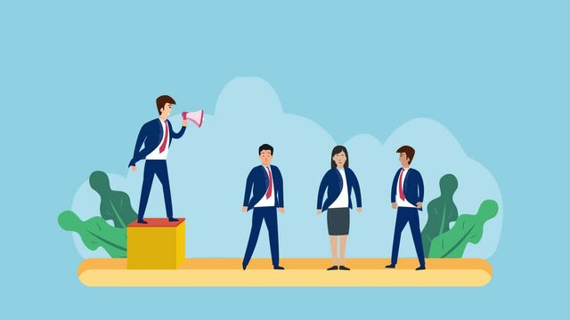 Male manager speaking to his team with megaphone