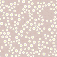 Chamomile or daisy seamless floral pattern. Endless cute ornament for textile or design. Daisies on a beige background. Fashionable print. Vector image. Flat style.

