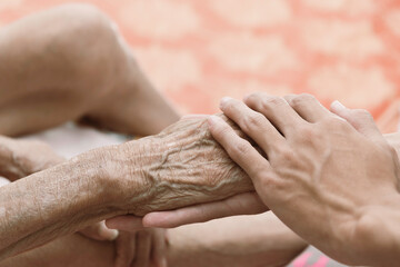 Fototapeta premium A person holding a hand An old woman lying in bed sick.