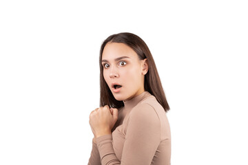 pretty young woman isolated scary mouth opened exited