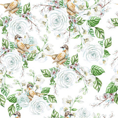 Watercolor seamless pattern with white roses and jasmine flowers, birds.