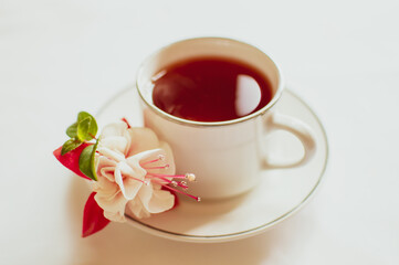 Cup of tea and spring flower as decoration