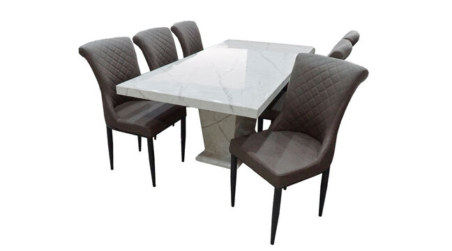 Dining Table and chairs isolated on white background. Luxurious rectangle marble top dining table with six chairs. Dining Sets for six or 8 people.