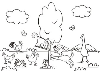 Group of animals in the garden, dog, cat, hen, rooster, goose and butterfly, humorous vector illustration, coloring book for children	