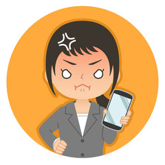 怒った赤い顔でスマホを持つ女性　イラスト　アイコン
