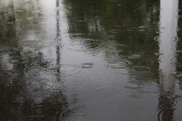 circles from raindrops puddle water during rain close-up of innacity