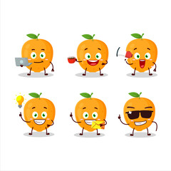 Orange fruit cartoon character with various types of business emoticons