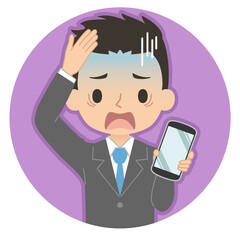 焦った青い顔でスマホを持つ男性　イラスト　アイコン