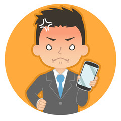怒った赤い顔でスマホを持つ男性　イラスト　アイコン