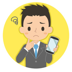 悩み顔でスマホを持つ男性　イラスト　アイコン