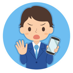 NOサインでスマホを持つ男性　イラスト　アイコン