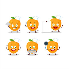 Cartoon character of orange fruit with various chef emoticons