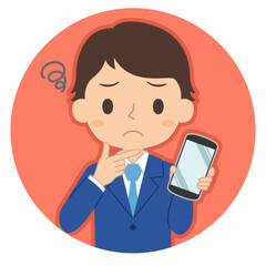 悩み顔でスマホを持つ男性　イラスト　アイコン