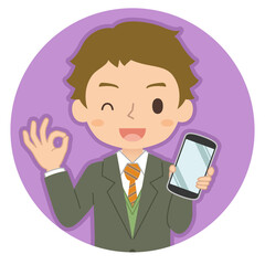OKサインでスマホを持つ男性　イラスト　アイコン